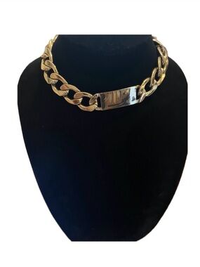 Gold Chunky Chain Necklace with ID Plate - Women Jewelry